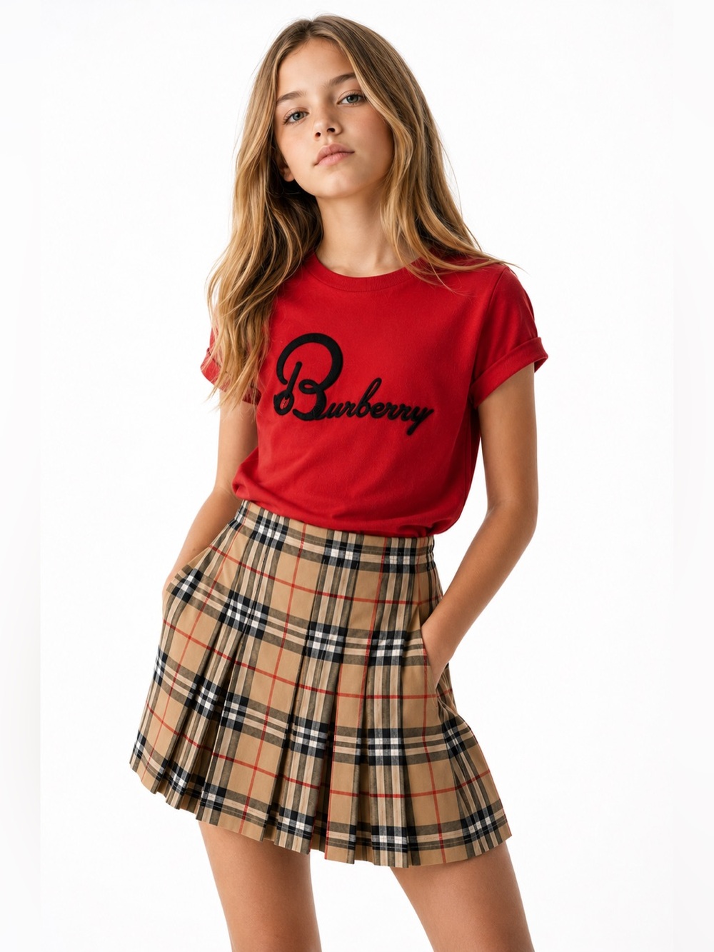 Burberry Girls Red Logo Tee 12Y Nova Check Preppy Designer Top